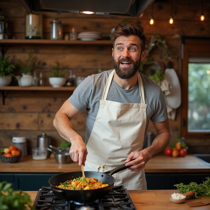 AI-generated photo: Hobby-inspired lifestyle photo capturing a man passionately cooking in a rustic kitchen setting. He ...