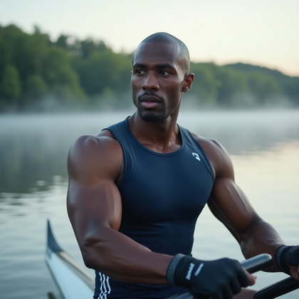 AI-generated photo: Athletic action photo of a man immersed in an intense rowing session on a tranquil lake during early...