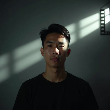 AI-generated photo: Photorealistic studio portrait where a film-reel gobo (rectangular frames with sprocket-hole strips)...