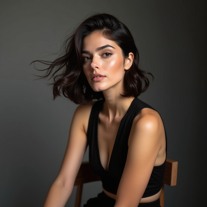 AI-generated photo: Photorealistic beauty portrait photography, editorial-style vertical composition framed from mid-che...