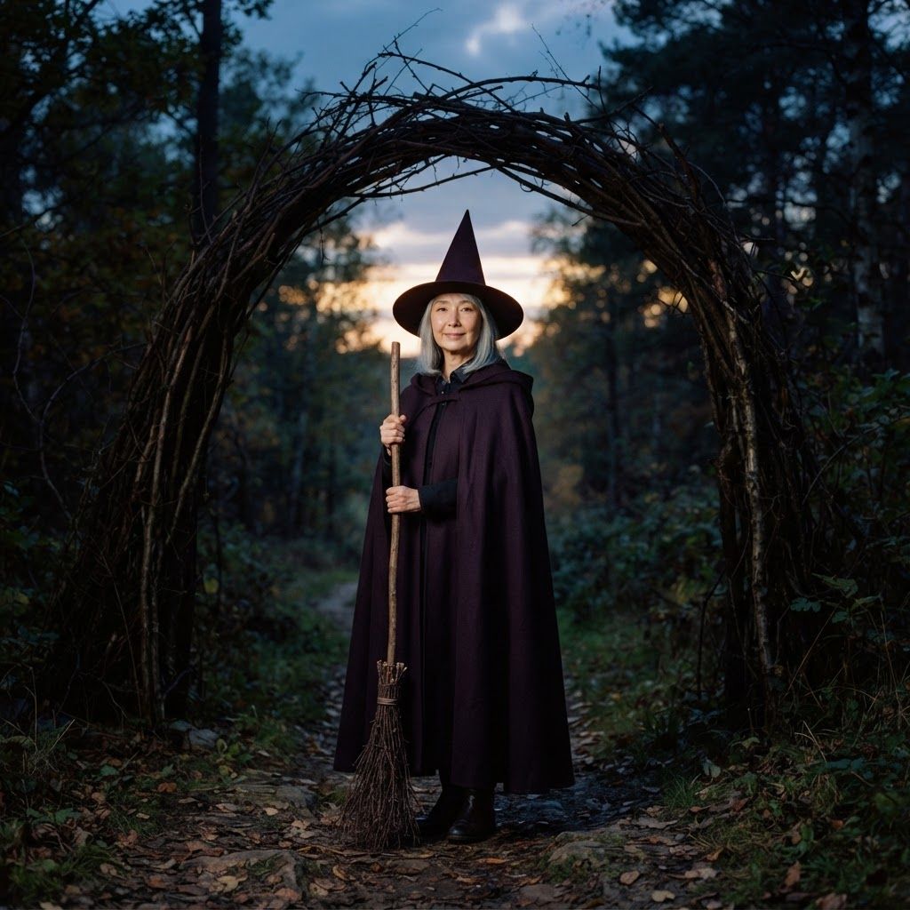 Witch on a Wooded Path: Full-length portrait beneath an arch of branches on a wooded path at dusk.