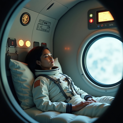 AI-generated photo: Cinematic photorealistic portrait photography, a lone astronaut leans back against the interior wall...