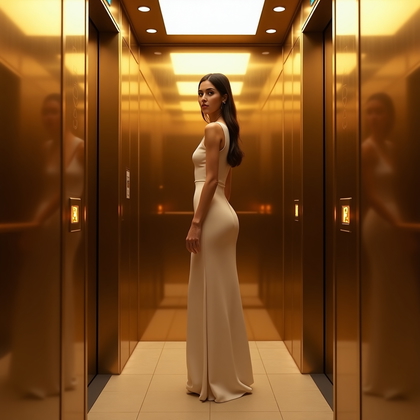 Photorealistic photography of a mirror-polished brass elevator interior with soft amber cove lighting and a glowing floor indicator; the subject stands centered a step from the doors with one finger poised on the close button while turning squarely to the lens, posture tall and confident, clean minimalist eveningwear, symmetrical reflections forming a luminous frame so the face is clear, sharp, and the undeniable focal point.