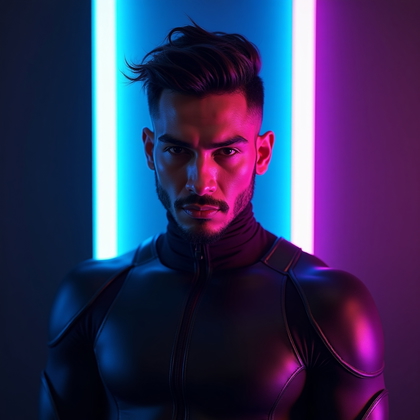 AI-generated photo: Photorealistic futuristic studio portrait photograph. The subject stands in a strong, slightly contr...
