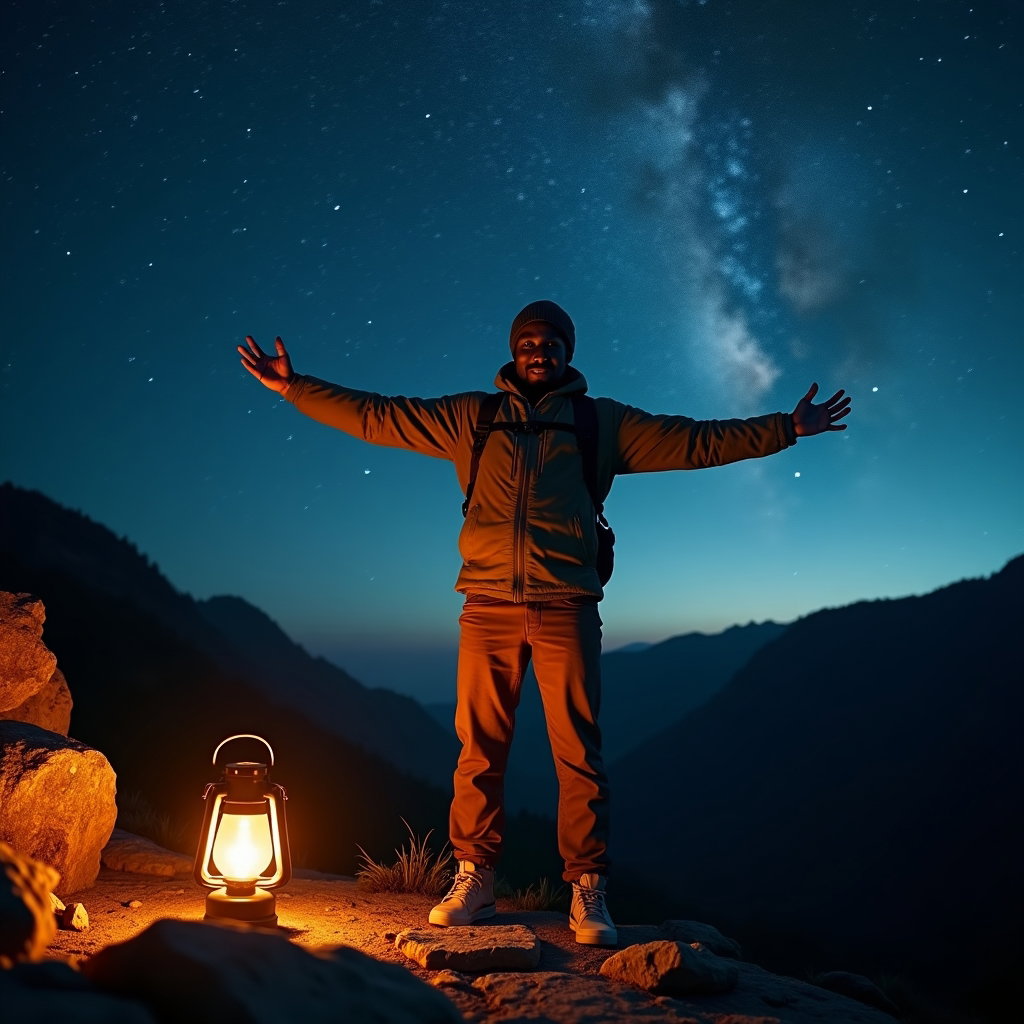 AI-generated photo: Photorealistic cinematic night photo of a traveler on a cliff edge above a dark forest, captured fro...