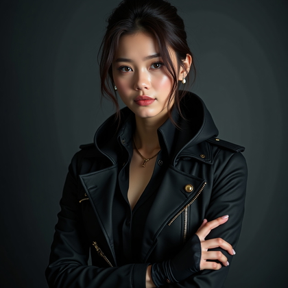 AI-generated photo: Photorealistic studio portrait photography. Charismatic close-up portrait of a real person in a slee...