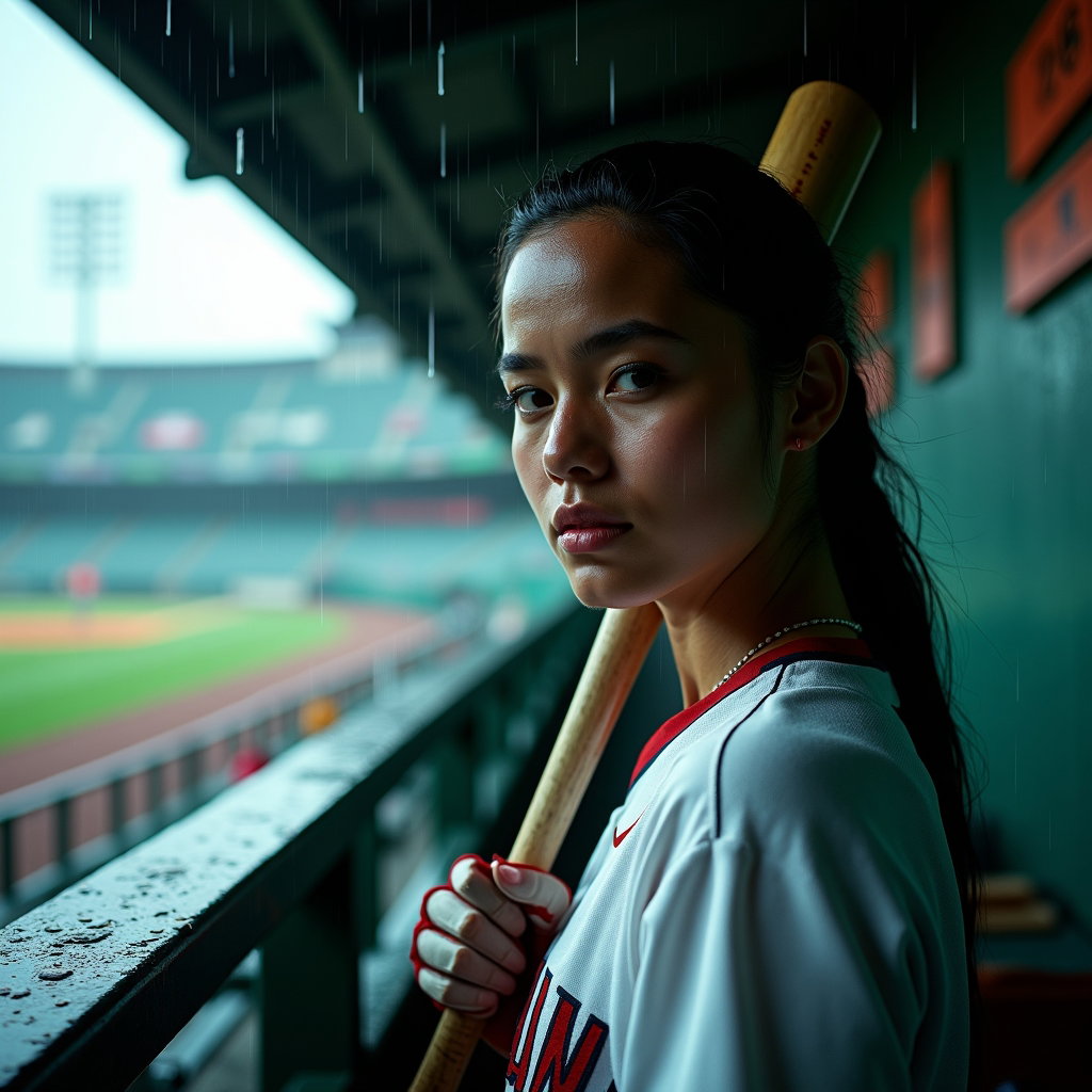 AI-generated photo: Photorealistic sports photography. Intimate half-length portrait at the top step of the dugout durin...