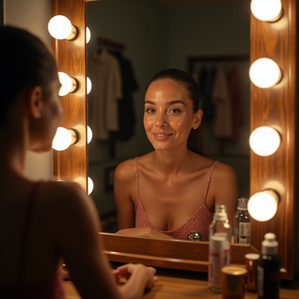 AI-generated photo: Photorealistic beauty portrait photograph, mid-close-up in a cluttered backstage dressing room, wher...