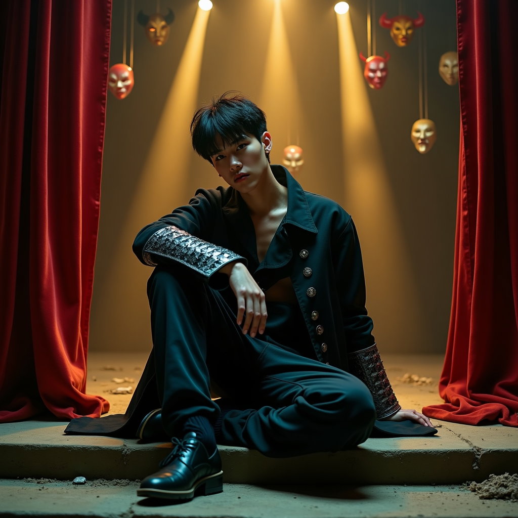 Dance-Pose Battle Portrait example: Cinematic K-pop fantasy portrait photography. Editorial hero portrait composed like a high-fashion magazine cover, with