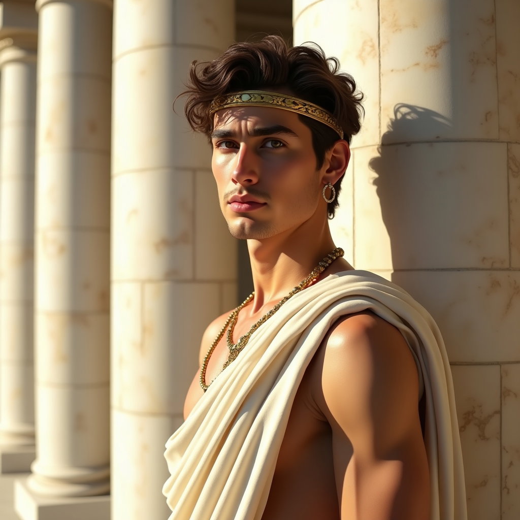 Solo Sunlit Marble Demigod Headshot example: Photorealistic Greek myth hero portrait photography. Tight sunlit headshot against polished white marble columns, with t