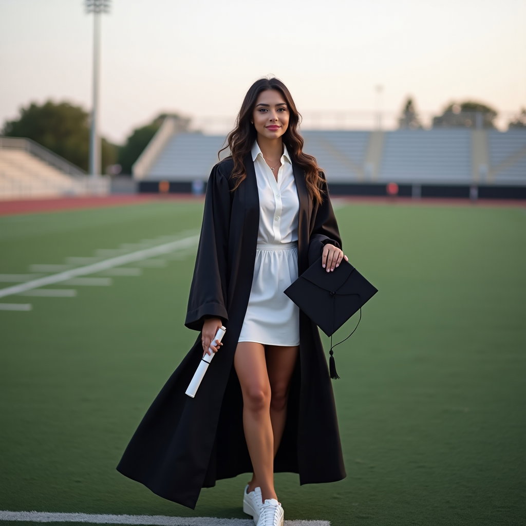 AI-generated photo: Fashion portrait photography, an end-of-an-era graduation portrait set on an empty sports field or c...