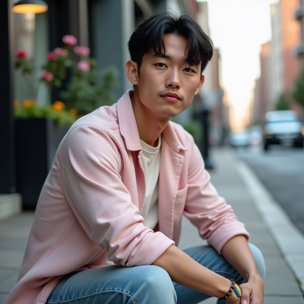 Natural Pride Portraits That Avoid Prop Overload example: Photorealistic portrait photography. Half-body portrait on a quiet city stoop, the subject seated casually with shoulder