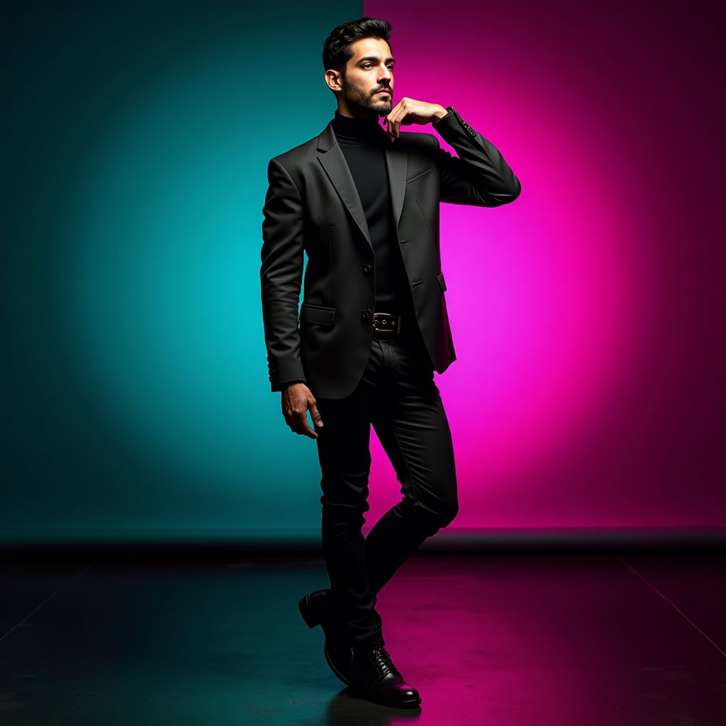 AI-generated photo: Photorealistic studio portrait photography of a full-body subject standing on glossy studio flooring...