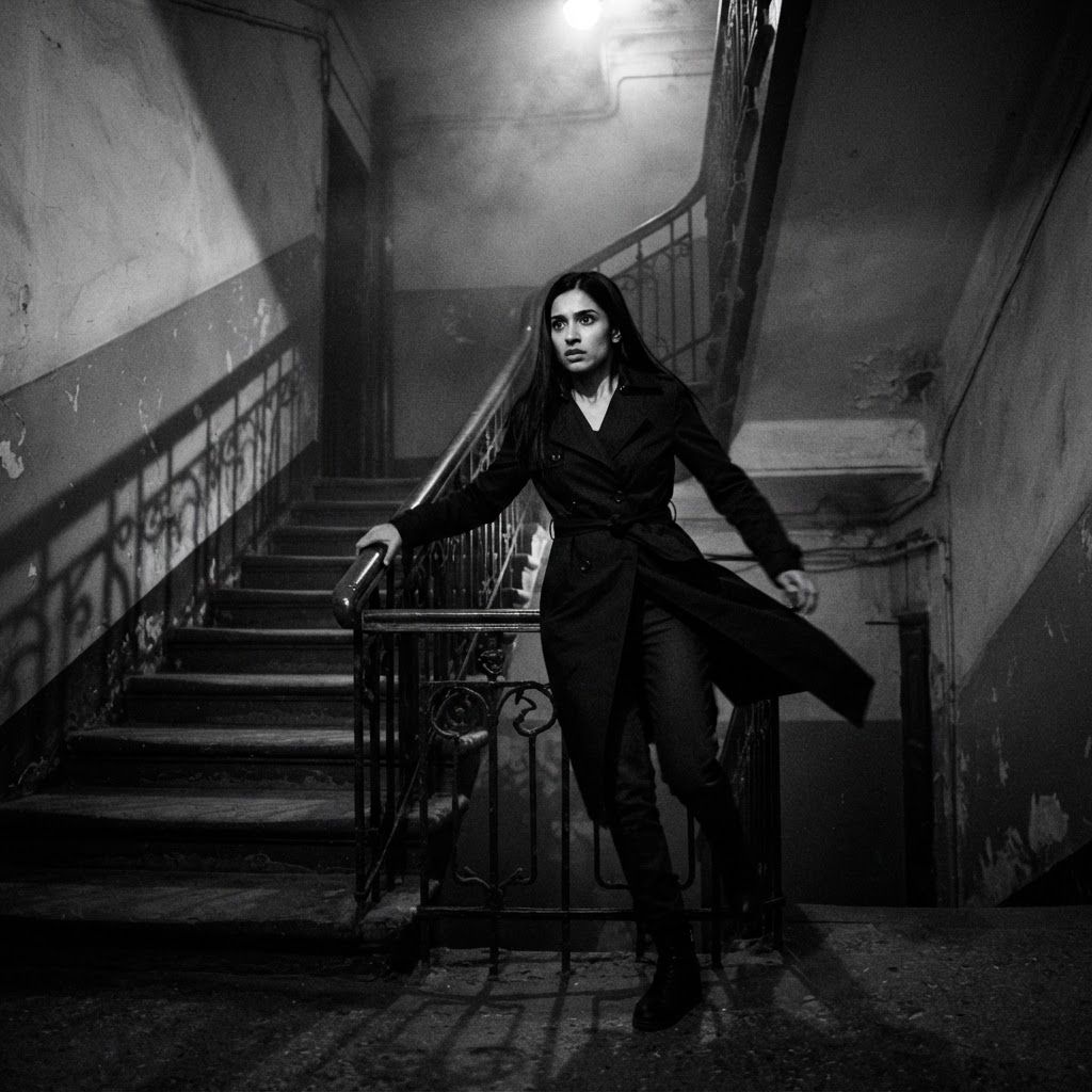 Stairwell Escape: Moody personal photo in an old apartment stairwell, the solo figure moving quickly across a landing with one hand sliding along the iron…