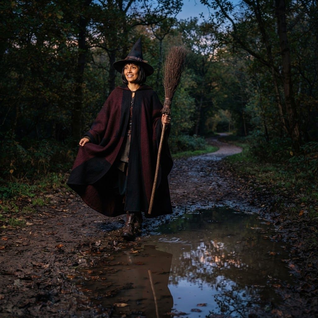 Witch on a Wooded Path: Photorealistic head-to-toe portrait beside a shallow puddle on a wooded path at dusk.
