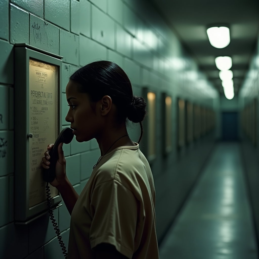 AI-generated photo: Photorealistic prison close-up portrait at a communal phone station along a cinderblock wall, the pe...