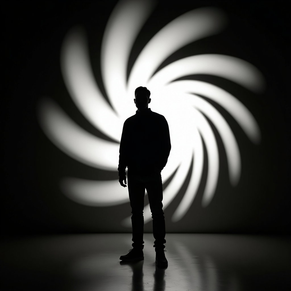 AI-generated photo: Photorealistic studio portrait with a spiral-staircase gobo producing sweeping, curved shadows that ...
