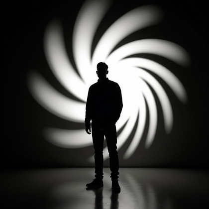 AI-generated photo: Photorealistic studio portrait with a spiral-staircase gobo producing sweeping, curved shadows that ...