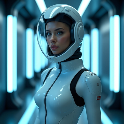 AI-generated photo: Photorealistic fashion photography of a futuristic space pilot standing in a sleek starship corridor...