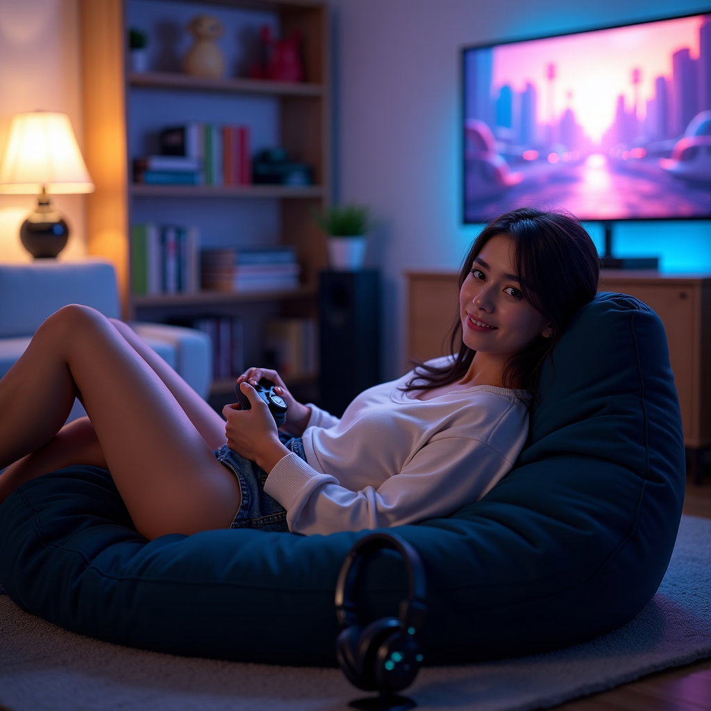 AI-generated photo: Photorealistic portrait photography. A casual gamer lounges in a beanbag chair in a small, softly li...