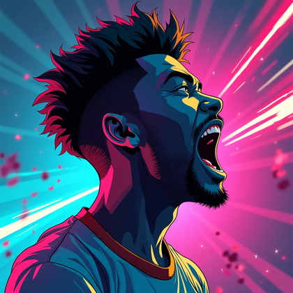 AI-generated photo: Stylized digital illustration, dynamic three-quarter portrait of a character caught mid-battle shout...