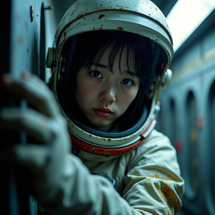 AI-generated photo: Photorealistic cinematic space portrait. A tight close-up inside a moon base corridor showing a visi...