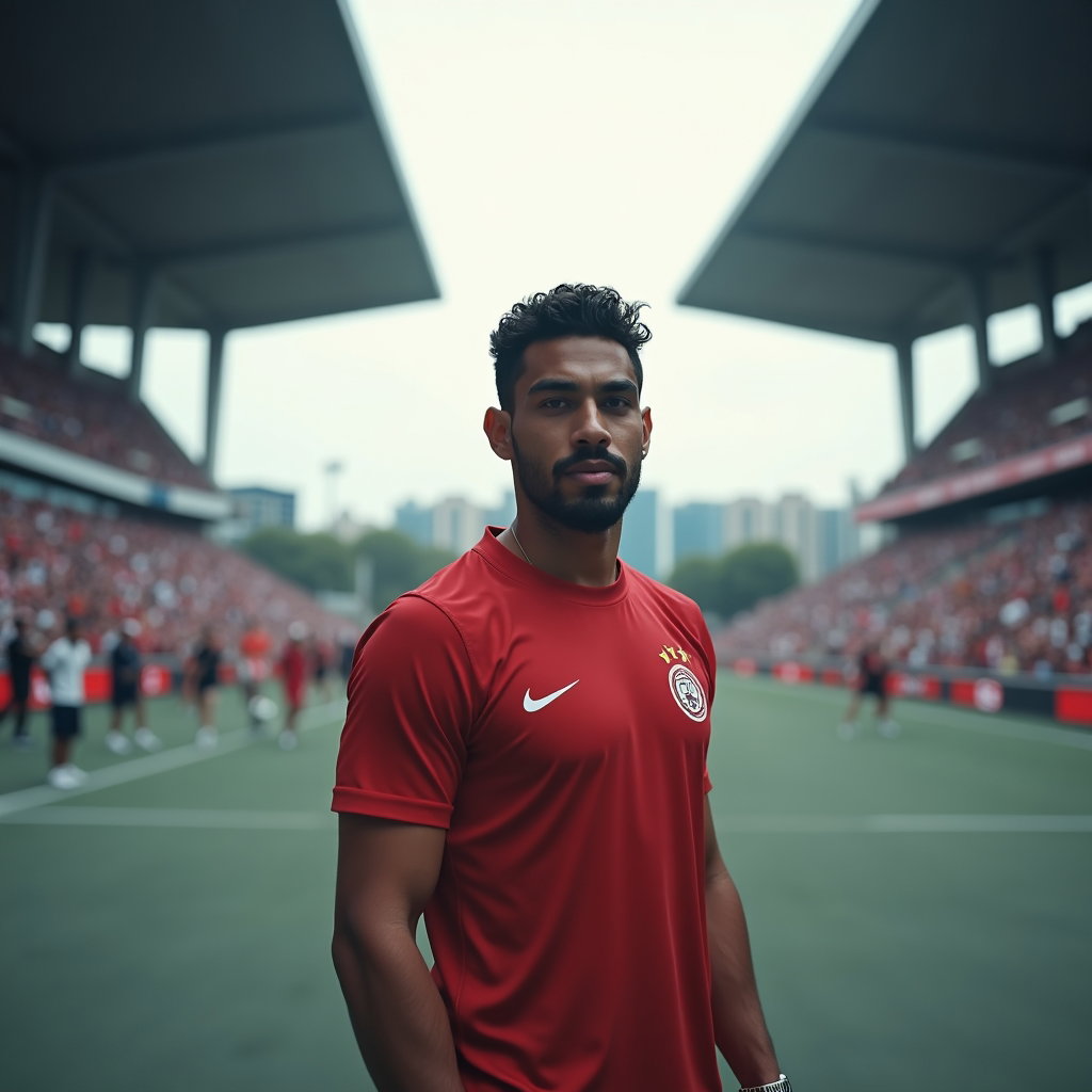 Stadium Arrival Hero Portraits example: Photorealistic sports portrait photography. Wide environmental portrait of a single fan standing in the stadium plaza be