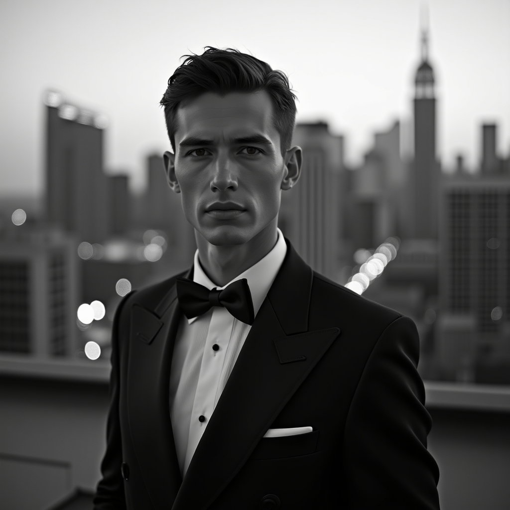 AI-generated photo: Photorealistic black-and-white wedding portrait photograph — on a windswept rooftop at dusk with the...