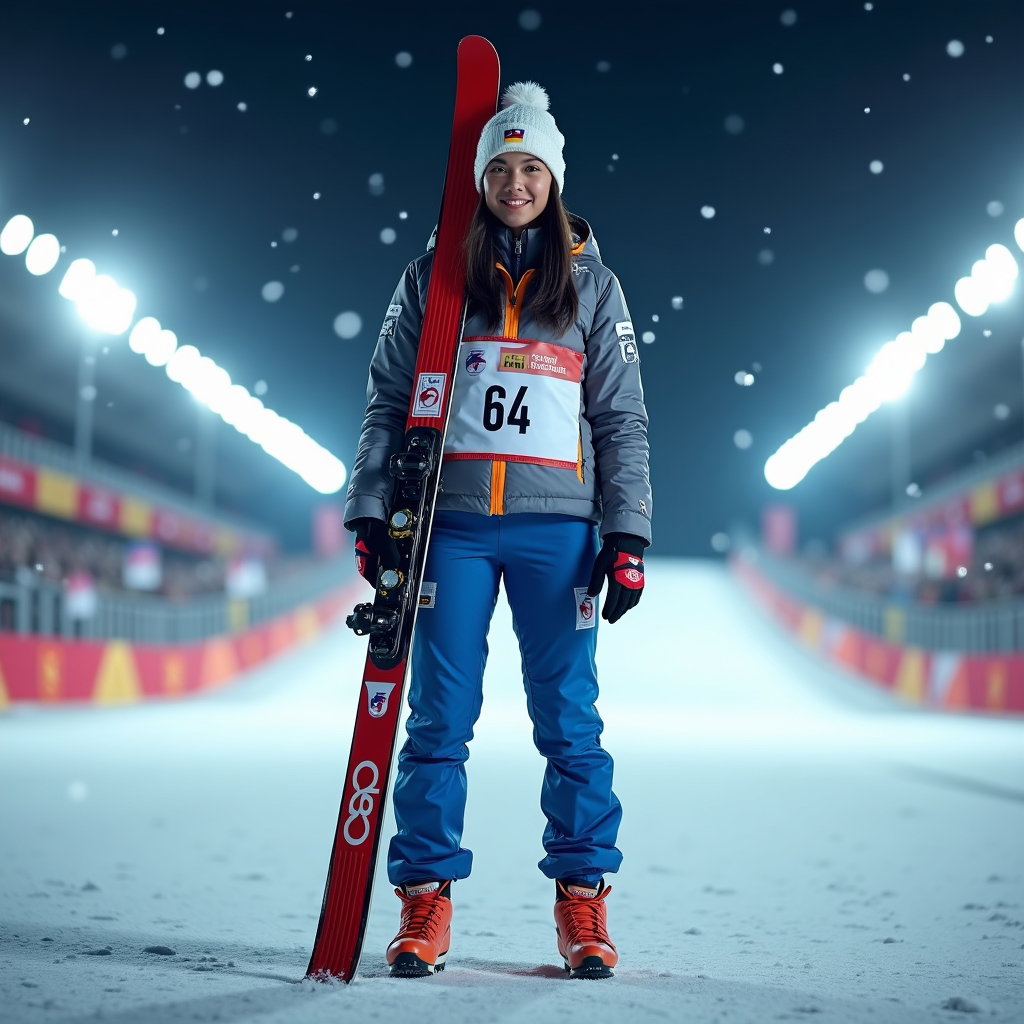 AI-generated photo: Photorealistic on-location portrait photograph at an Olympic-style venue. The athlete stands at the ...