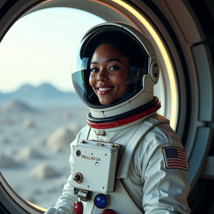 AI-generated photo: Photorealistic environmental portrait photography, within a premium lunar habitat lounge area that b...