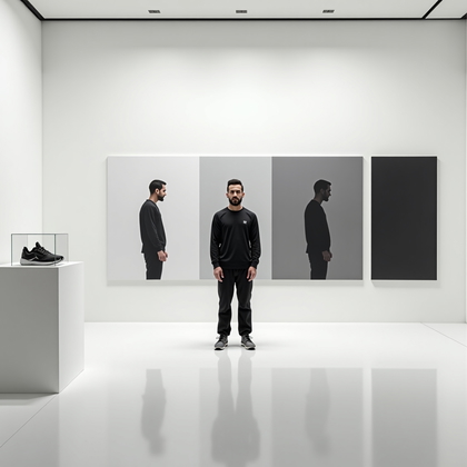 AI-generated photo: Photorealistic photography. Minimalist white-cube gallery where a wall-length triptych abstracts the...