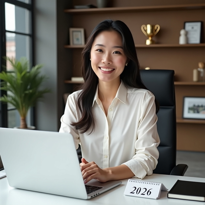 AI-generated photo: Professional headshot. Seated at a minimal executive desk with a closed laptop, a January 2026 desk ...