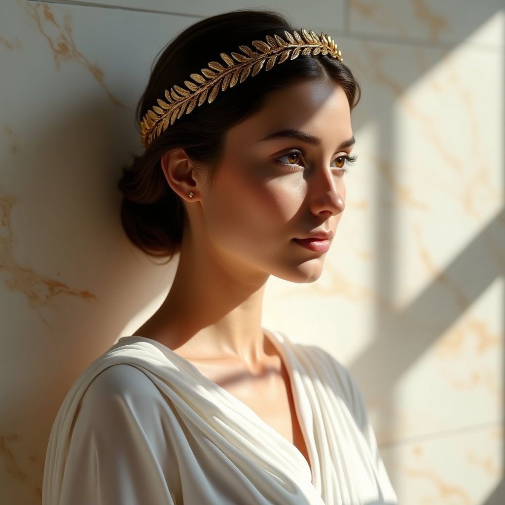 Solo Sunlit Marble Demigod Headshot example: Photorealistic Greek myth hero portrait photography. Profile/avatar crop with the subject in a three-quarter headshot, f