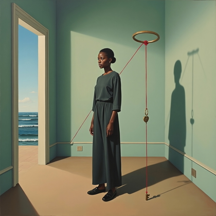 Surrealist oil painting: In a sparsely furnished room whose far wall opens onto an impossible sky, the subject stands centered with a calm, direct gaze as a red string from a floating key traces a taut line across the composition, casting a shadow that bends at right angles. Precise, enamel-smooth glazes define the figure and garments against a scumbled, celadon ground, while a small doorway reveals distant waves that curve upward as if the horizon were a ring. A restrained palette of slate, celadon, and vermilion accents is balanced by crisp edge control around the face to keep it unequivocally readable.