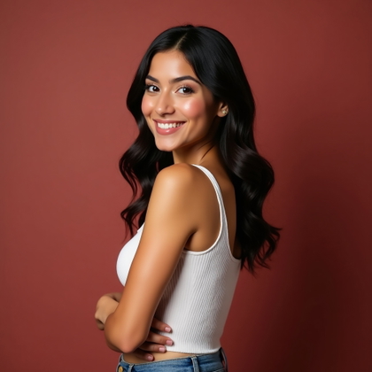 Dating profile photo, a clean square-crop avatar portrait against a rich matte studio backdrop, with the subject turned slightly off-center and looking at the viewer with a confident, inviting half-smile. Style with a refined smart-casual top, minimal accessories, polished grooming, soft sculpted studio lighting, uncluttered composition, and a modern color palette designed to stand out in a dating app grid.