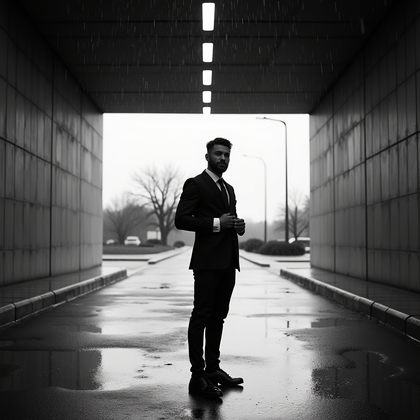 AI-generated photo: Photorealistic black-and-white wedding portrait photograph — beneath a minimalist concrete overhang ...