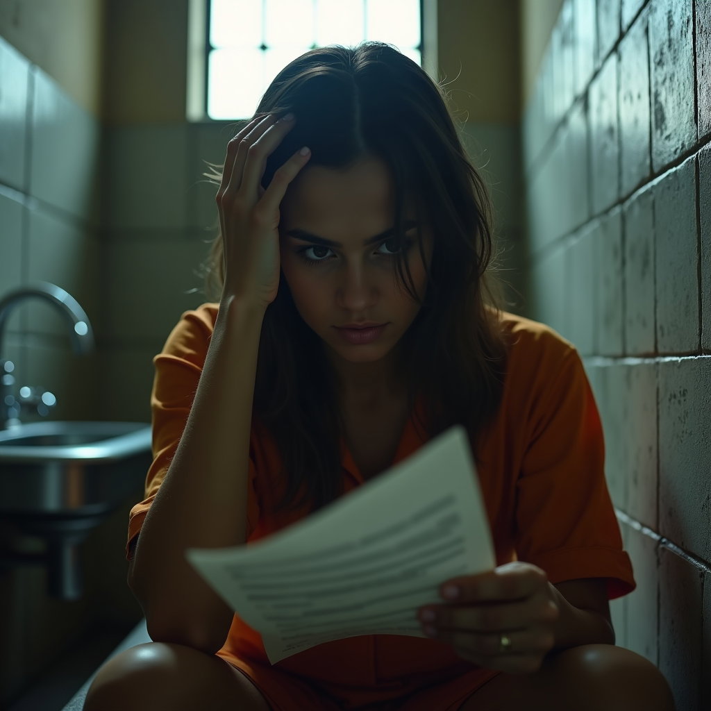 AI-generated photo: Photorealistic prison portrait in extreme close-up, with the person sitting on the edge of a narrow ...