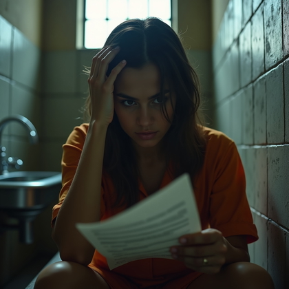 AI-generated photo: Photorealistic prison portrait in extreme close-up, with the person sitting on the edge of a narrow ...