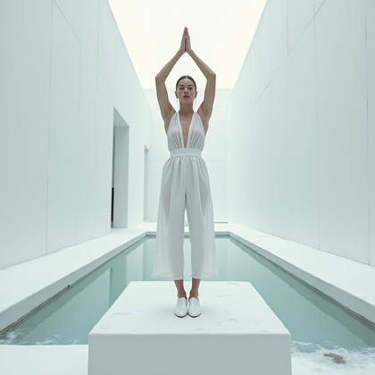 AI-generated photo: Photorealistic fashion editorial photo in a snow-covered modernist museum courtyard enclosed by tall...