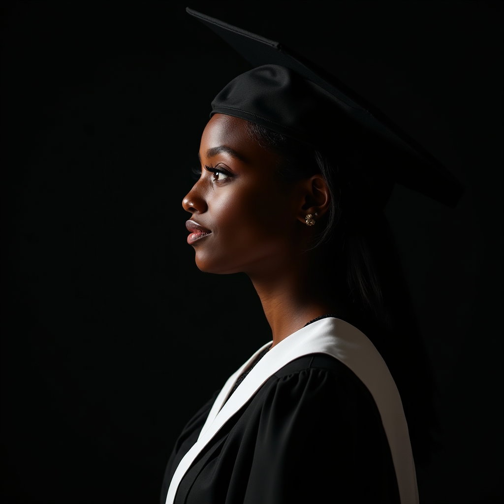 AI-generated photo: Professional portrait photography, a dramatic side-profile graduation portrait with cap and gown, fa...