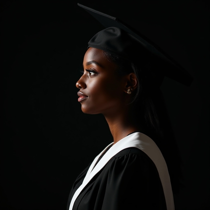 AI-generated photo: Professional portrait photography, a dramatic side-profile graduation portrait with cap and gown, fa...