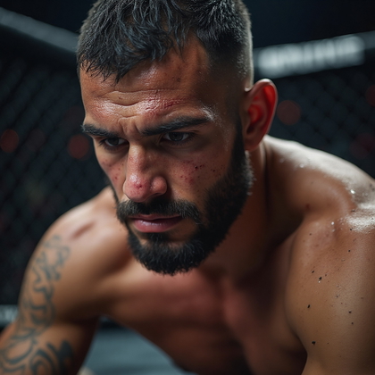 AI-generated photo: Photorealistic, emotionally charged close-up portrait of a UFC fighter having a moment of reflection...