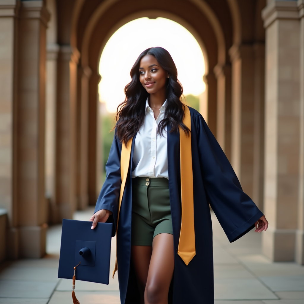 AI-generated photo: Professional fashion portrait photo, an over-the-shoulder graduation portrait framed in a university...