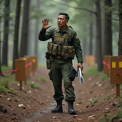 AI-generated photo: Photorealistic military field training photography. In a forested training area, the leader stands o...
