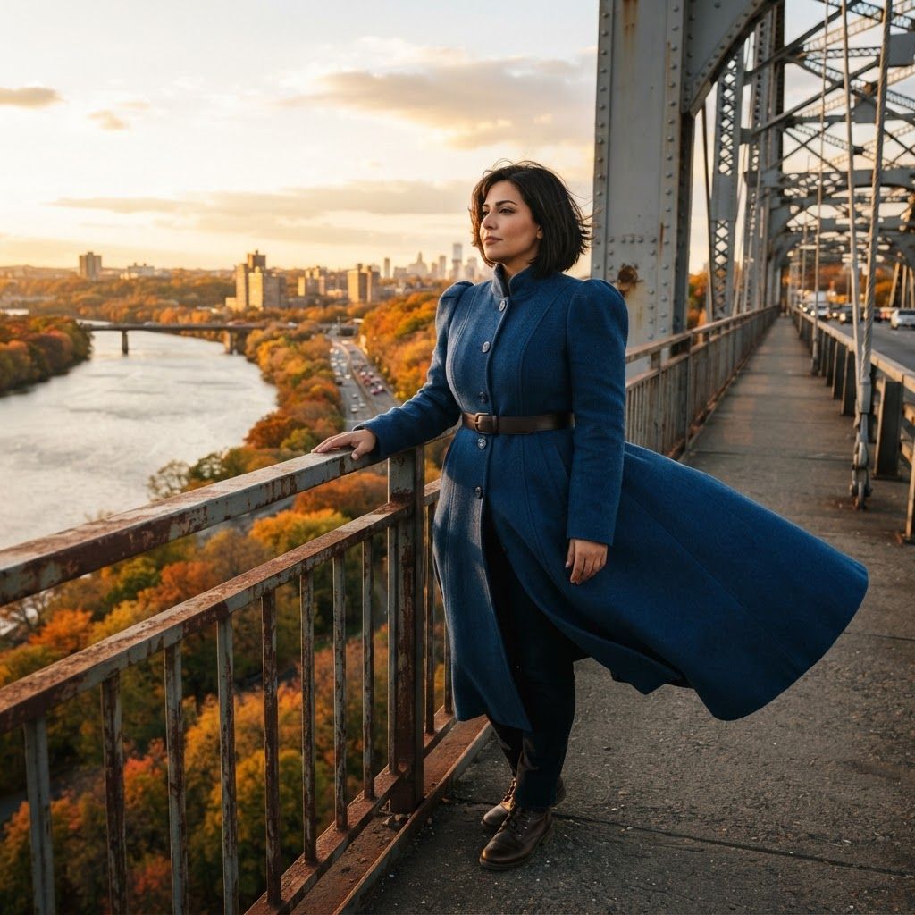 Sculptural Coat on a Windy Bridge: Realistic low-angle full-length portrait on a high bridge overlooking a river bend and autumn skyline.