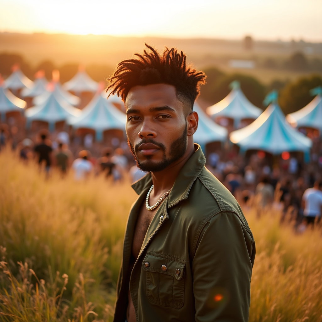Golden Hour Festival Entrance Walk example: Photorealistic festival portrait photography. Editorial hero image on a grassy berm overlooking the entrance tents, face