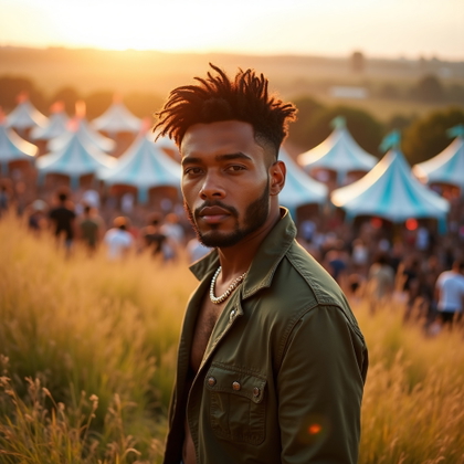 Golden Hour Festival Entrance Walk example: Photorealistic festival portrait photography. Editorial hero image on a grassy berm overlooking the entrance tents, face