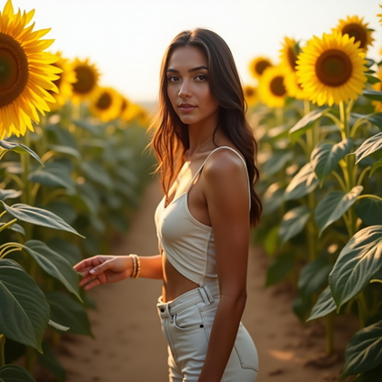 Photorealistic lifestyle portrait in a late-summer sunflower field with towering blooms and dusty paths, the subject standing within the rows and gently parting the stalks with one forearm while turning their face cleanly to the camera for confident eye contact. Warm, low-angle sunlight washes the scene with a luminous halo around edges and a soft bounce from pale soil, creating a flattering, vibrant glow without losing detail. The color palette leans into rich yellows, fresh greens, and a clear blue gradient sky, with a few petals drifting near the lens for playful foreground bokeh that frames the face. Wardrobe is relaxed, body-skimming daywear with breathable fabrics and subtle jewelry that catches tiny sparks of light, enhancing an approachable yet striking presence. Framed as a waist-up portrait from a slightly low angle, the composition stacks layers of blooms behind the subject to build depth while keeping the face crisp and central.