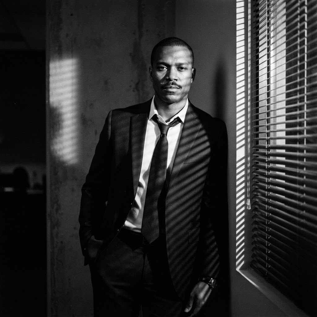 Venetian Blind Shadows: Half-body film noir portrait of one visible person standing against a plain office wall beside closed Venetian blinds, wearing a dark…