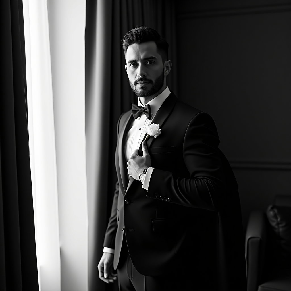 AI-generated photo: Photorealistic black-and-white cinematic wedding portrait. Inside a dim suite near a window, the sub...